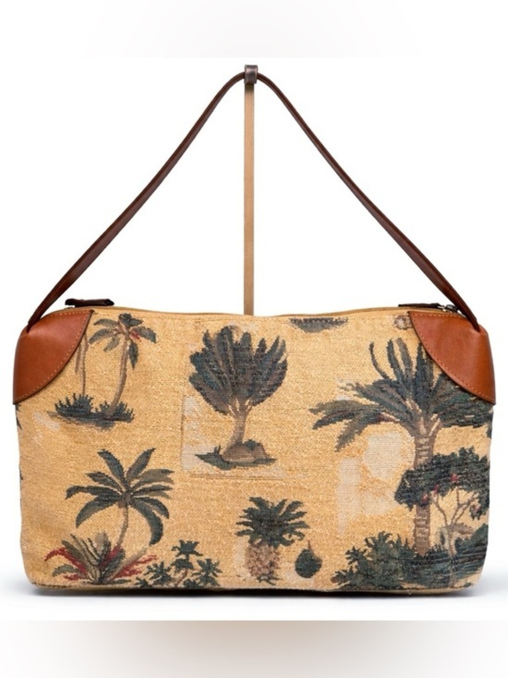 Tommy Bahama Vtg Palm Tree Tapestry Shoulder Bag Leather Trim Tropical Coastal